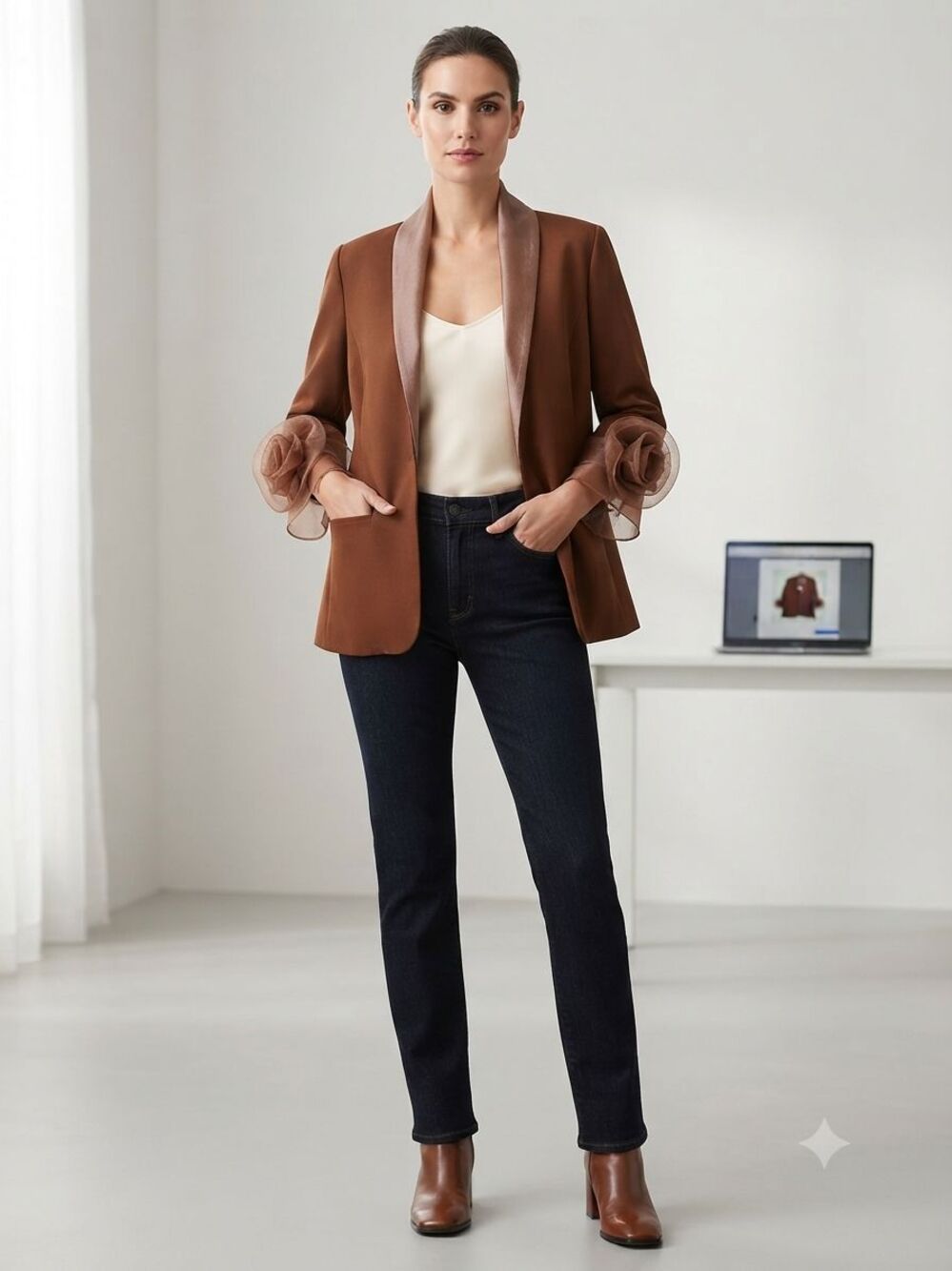 Siasia Brown Jacket Sz 6 Open Front 3/4 Sleeve Flower Detail Vintage NWOT